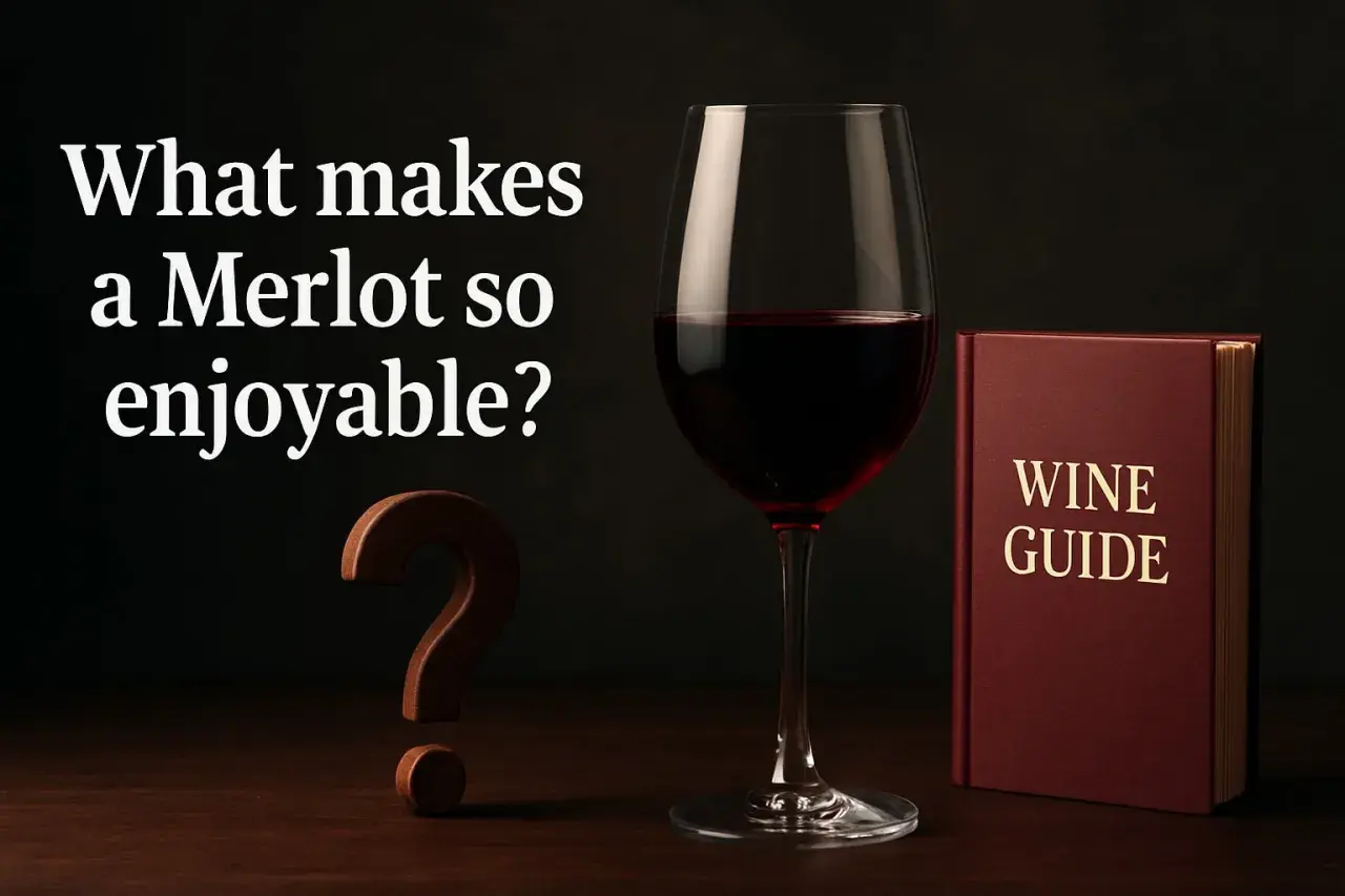 Ein Glas tiefroter Merlot-Wein steht neben einem Wein-Ratgeber und einem Fragezeichen. Was macht diesen Wein so besonders?