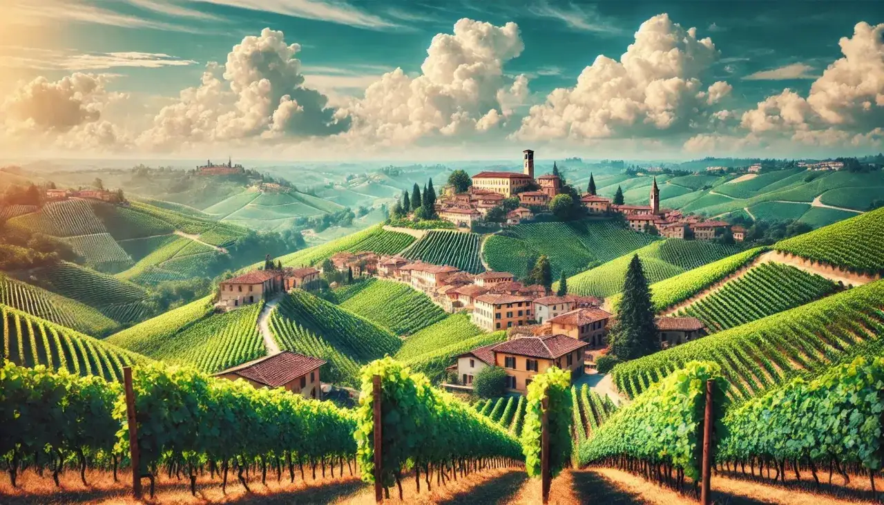 Sanfte H&uuml;gel mit Weinbergen und einem Dorf im Oltrepo Pavese. Sonnenschein und Wolken am Himmel.