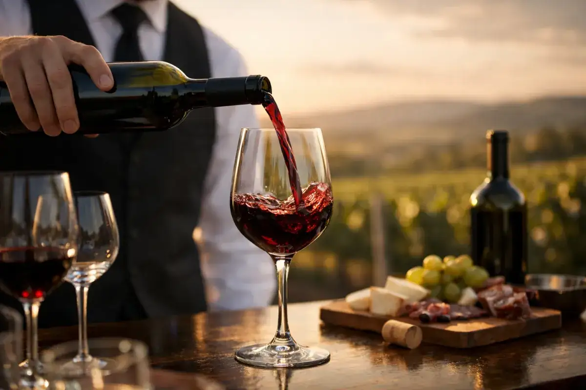 Ein Sommelier schenkt Rotwein ein. Ein wahrer weinkenner fachbegriff, der die Essenz des Genusses einf&auml;ngt.