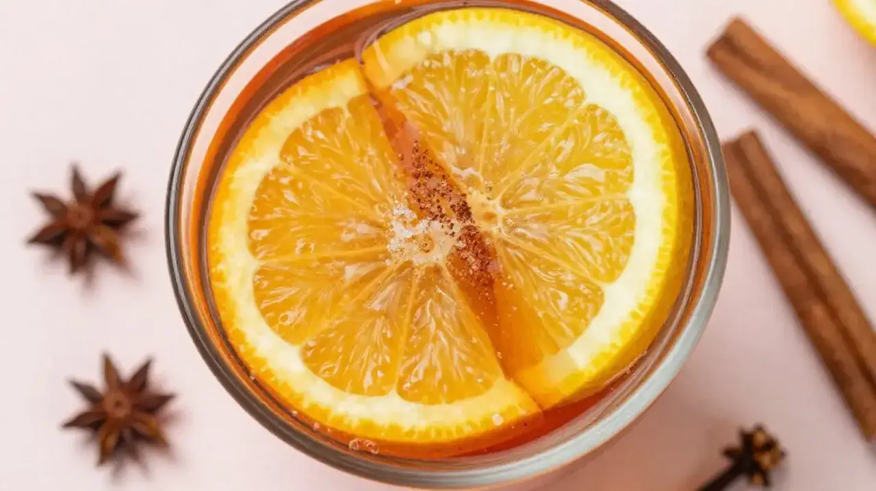 Ein Glas alkoholfreie Feuerzangenbowle mit Orangenscheiben, Zimt und Sternanis. Ein winterlicher Genuss.