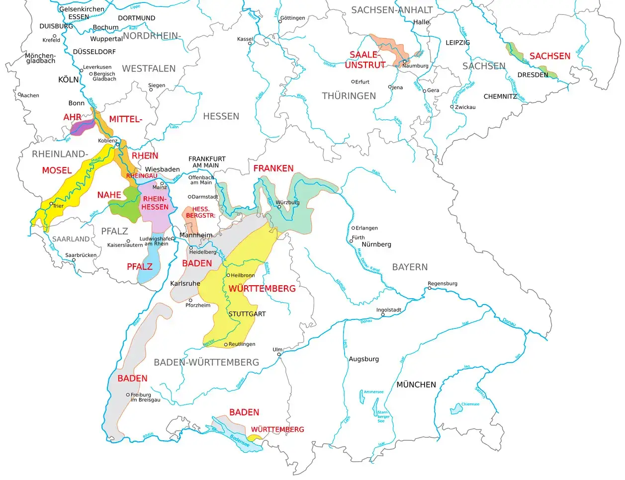 Karte deutscher Weinanbaugebiete: Mosel, Rhein, Pfalz, Baden, W&uuml;rttemberg, Franken, Saale-Unstrut, Sachsen. Hier ist die wein herkunft.