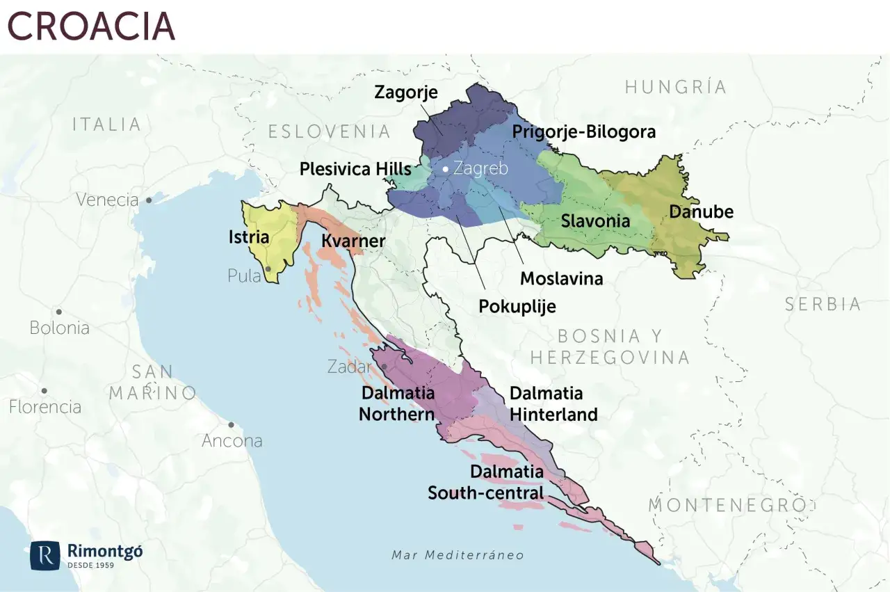 Karte Kroatiens mit Weinregionen. Ideal f&uuml;r eine Weinprobe in Kroatien, von Istrien bis Dalmatien.