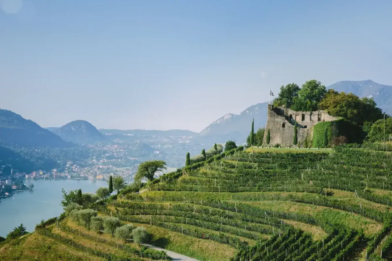 Das Castello di Morcote thront über terrassierten Weinbergen mit Blick auf einen See und eine Stadt in der Ferne.