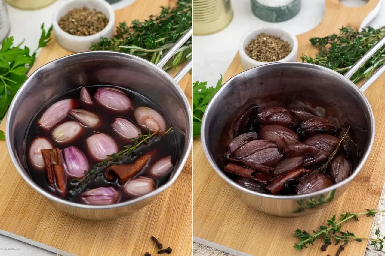 Schalotten in Rotwein geschmort. Links roh, rechts gegart. So lange braucht Rotwein zum Verkochen, bis die Schalotten weich sind.