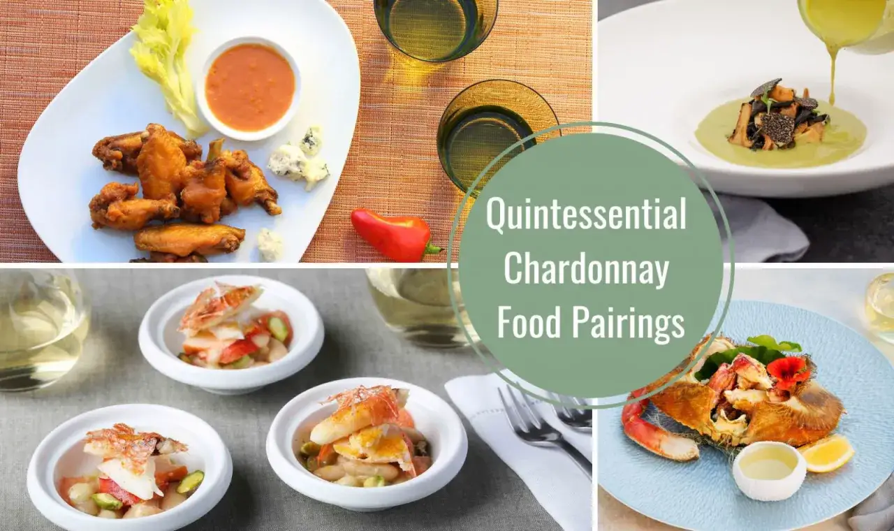 Köstliche Speisen wie Hähnchenflügel, Meeresfrüchte und ein Pilzgericht, die zeigen, was Chardonnay ist und wie gut er zu Essen passt.