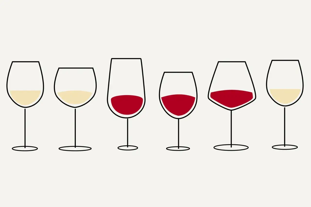 Sechs Weingläser: drei mit Rotwein, drei mit Weißwein. Ein visueller Vergleich von Pinot Grigio vs. Chardonnay.