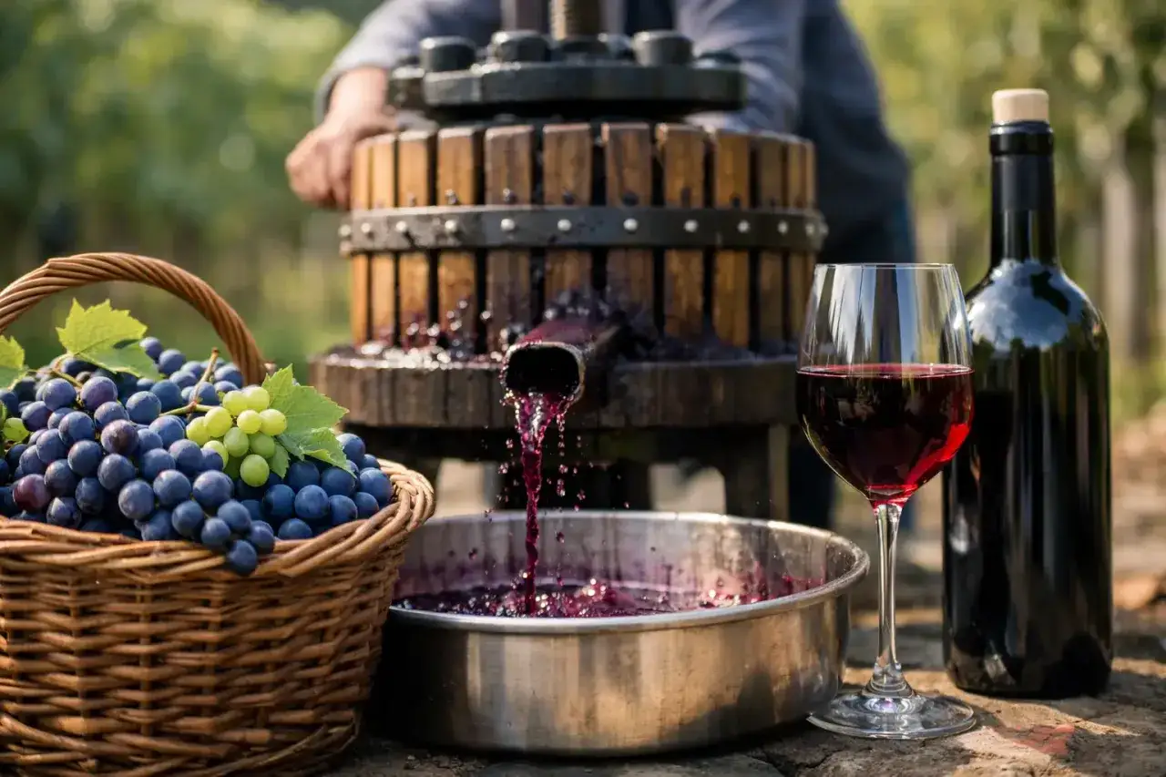Frisch gepresster Merlot Wein fließt aus einer alten Presse in eine Schale. Daneben ein Korb voller Trauben, ein Glas Rotwein und eine Flasche.