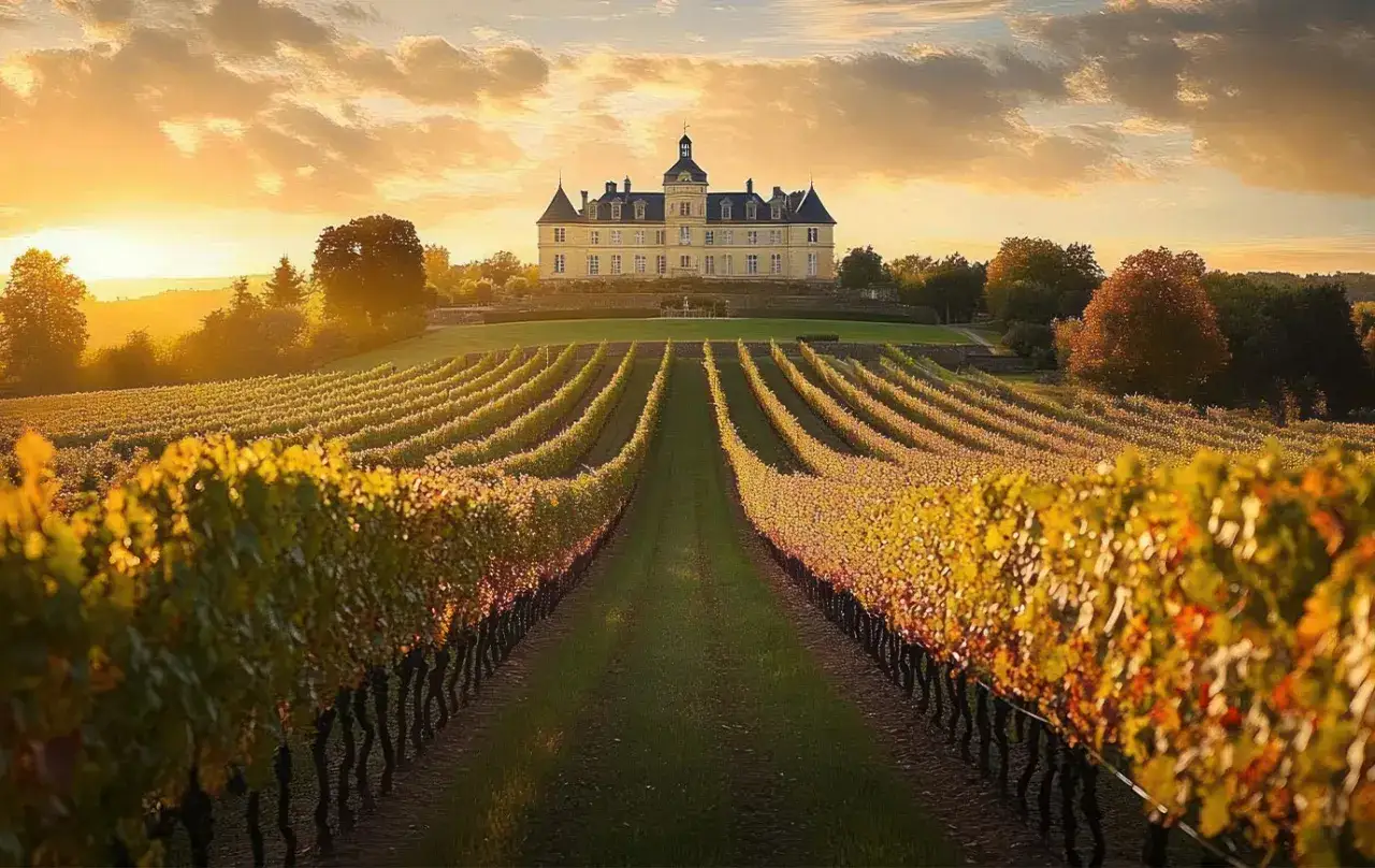 Sonnenuntergang &uuml;ber den Weinbergen von Saint Julien. Ein pr&auml;chtiges Schloss thront &uuml;ber den goldenen Reben.