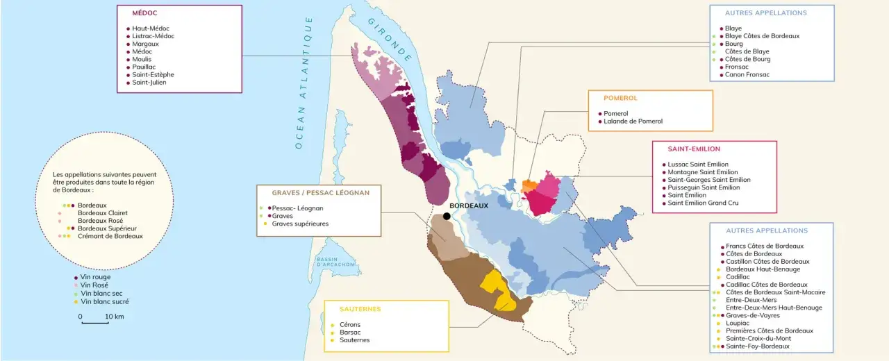 Karte der Weinregion Frankreich Bordeaux mit Appellationen wie M&eacute;doc, Graves, Sauternes, Pomerol und Saint-Emilion.