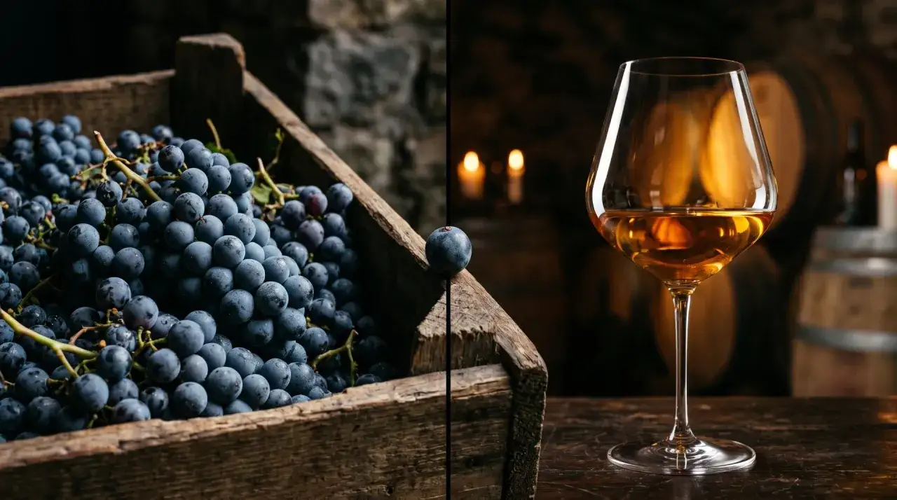 Dunkle Trauben in Holzkiste neben einem Glas bernsteinfarbenen Weins, der an Pinot Grigio Deutsch erinnert.