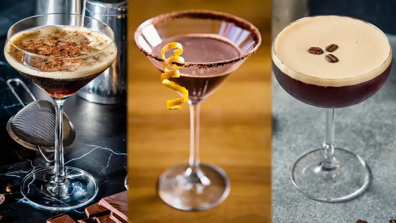 Drei Espresso-Martinis, inspiriert vom Coco Vine Rezept, mit Schokostreuseln, Orangenzeste und Kaffeebohnen garniert.