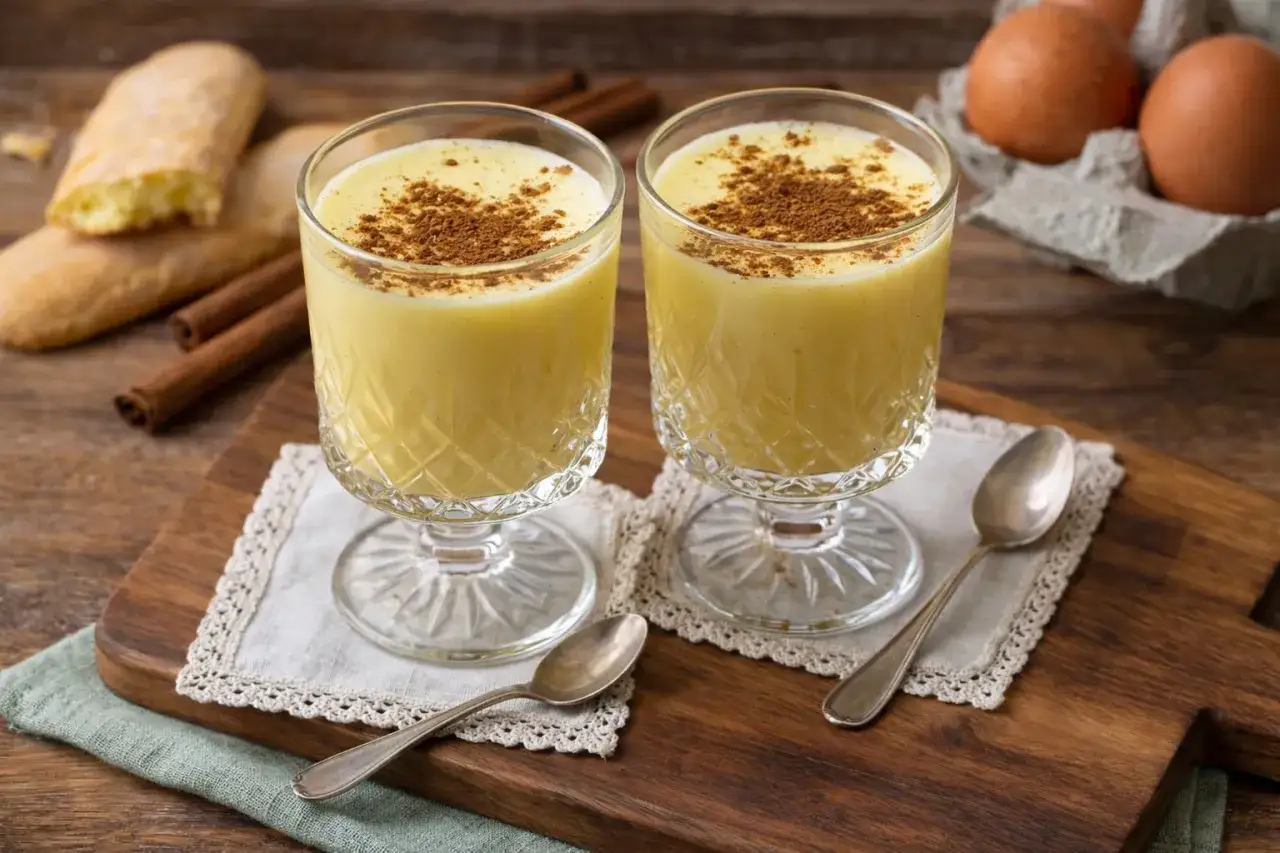 Zwei Gl&auml;ser cremiger Zabaione ohne Alkohol, bestreut mit Zimt. Dazu Savoiardi-Kekse und Zimtstangen.