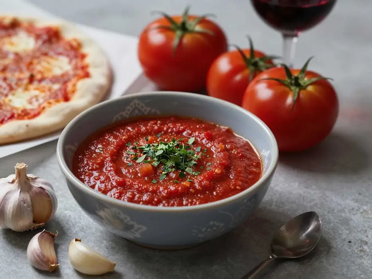 Eine Sch&uuml;ssel mit aromatischer Tomatensauce mit Rotwein, garniert mit Kr&auml;utern, neben frischen Tomaten, Knoblauch und einer Pizza.