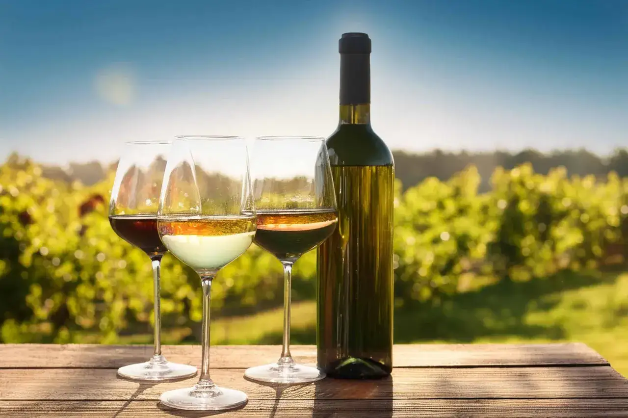 Drei Gl&auml;ser Wein und eine Flasche stehen auf einem Holztisch vor einem Weinberg. Ein Glas enth&auml;lt Rotwein, die anderen zwei Wei&szlig;wein, vielleicht ein Verdejo.