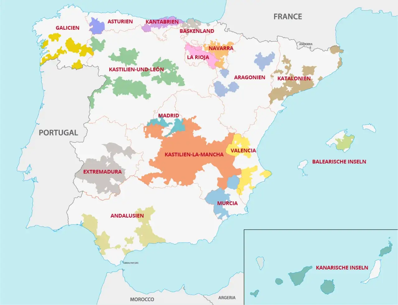 Karte Spaniens mit farblich markierten Weinregionen, die verschiedene spanische weinsorte repr&auml;sentieren.